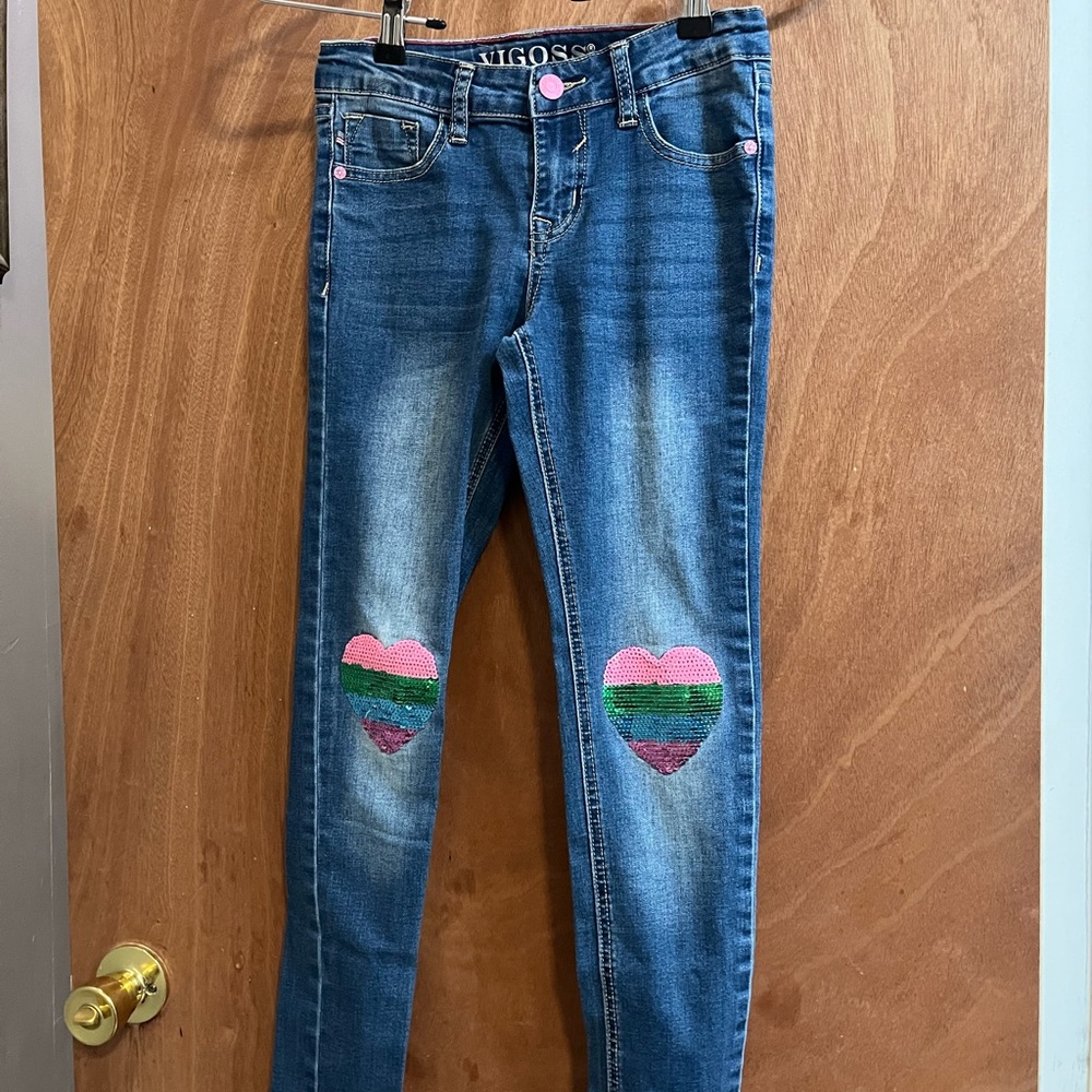 Girl’s size 12 Vigoss Blue Jeans with sequins hearts